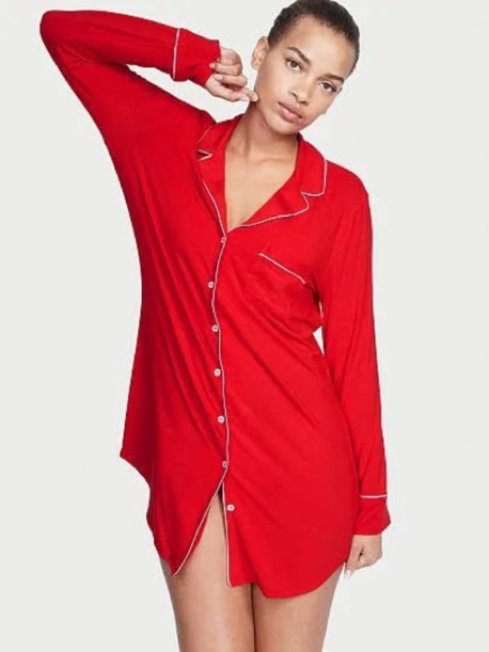 Victoria’s Secret sleep shirt dress pajama top red VS logo pocket button down